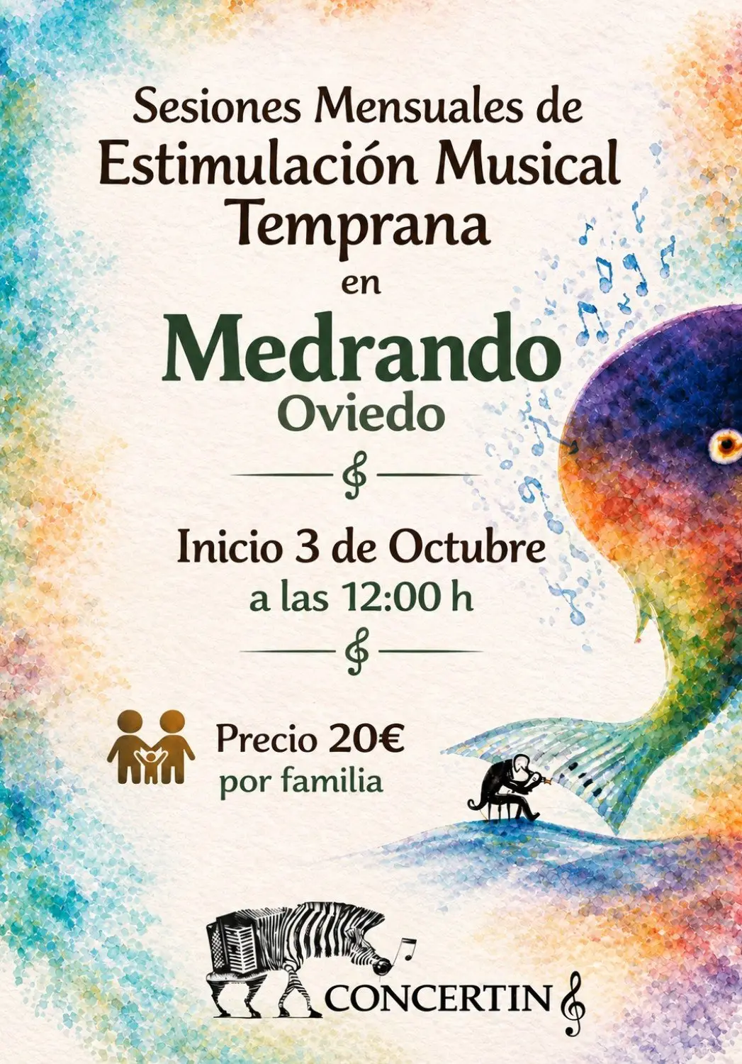 Cartel: sesiones mensuales de Estimulación Musical Temprana en Medrando, Oviedo. Inicio 3 de octubre a las 12:00 h. 20 € por familia.