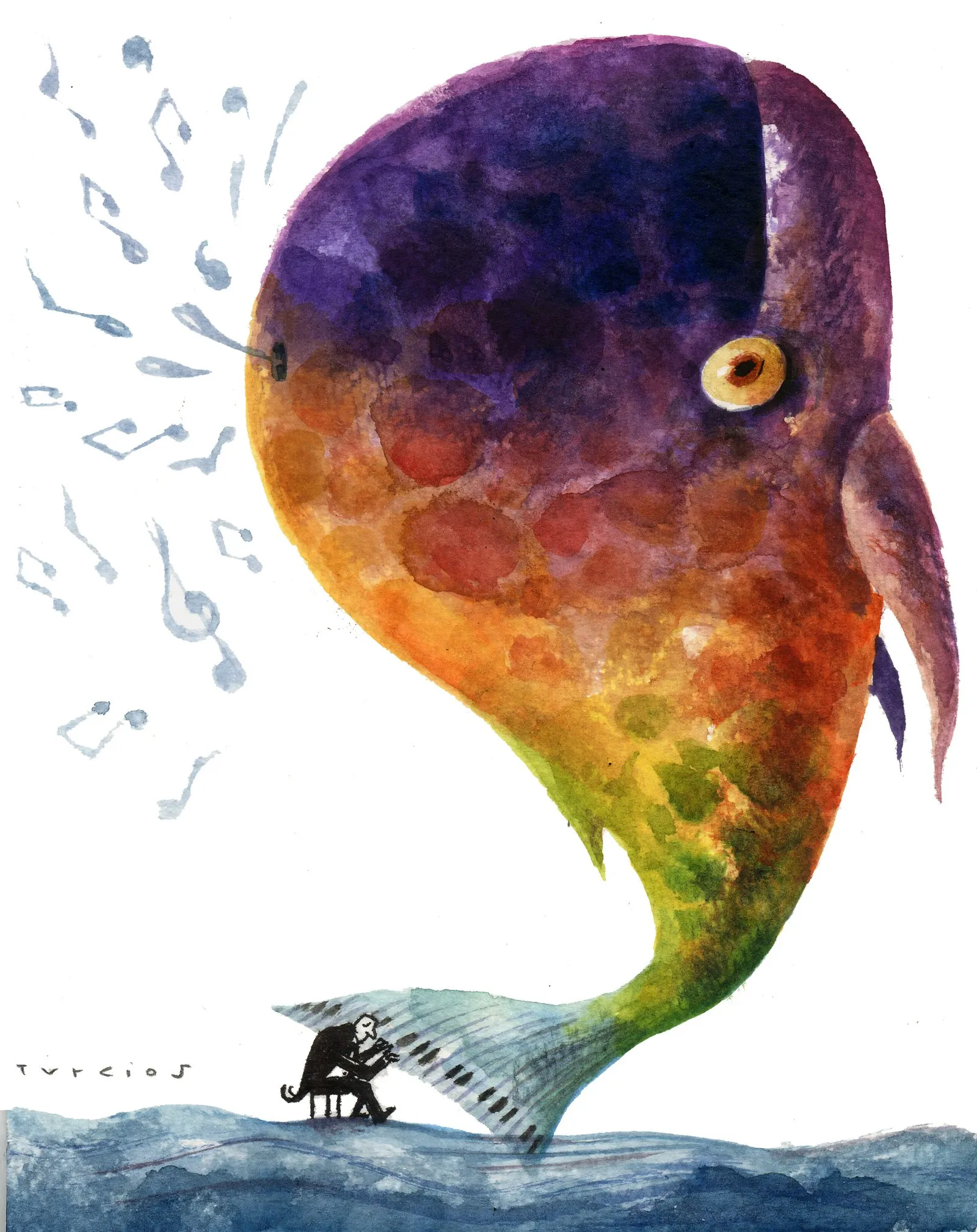 Ilustración de Omar Turcios: un pez de colores cuya cola es un teclado de piano, con un pequeño pianista tocando