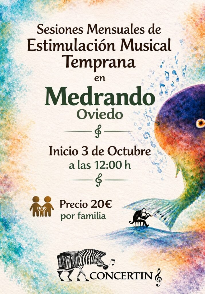 Cartel: sesiones mensuales de Estimulación Musical Temprana en Medrando, Oviedo. Inicio 3 de octubre a las 12:00 h. 20 € por familia.